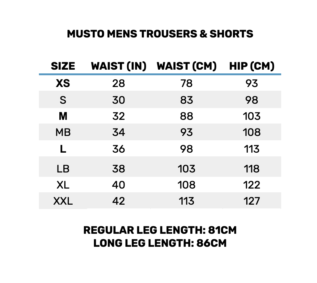 2025 Musto Mens Bottoms 2A 0 Size Chart
